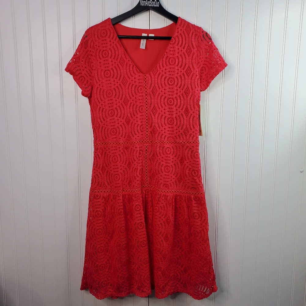 Tacera Red Lace Overlay Drop Waist Dress Medium - Picture 1 of 5